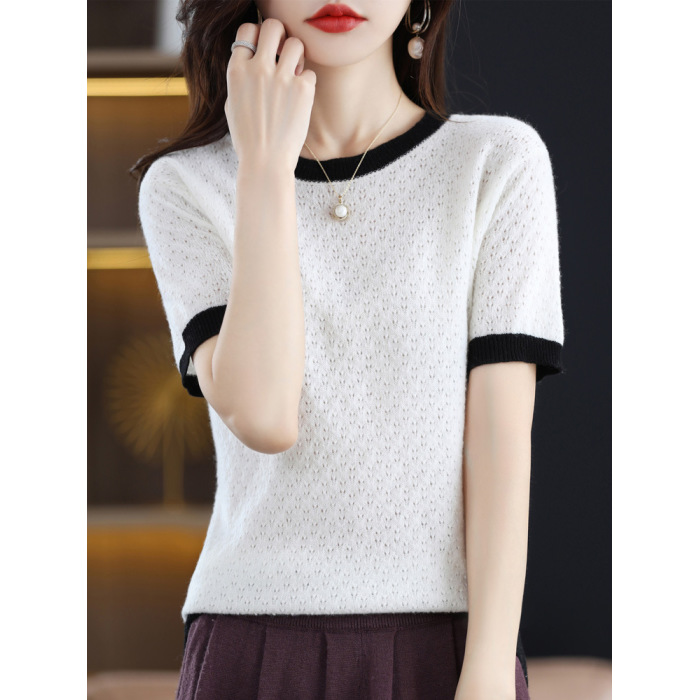 Color Block Round Neck T-Shirt Blouse Hollow Out Short Sleeves 72