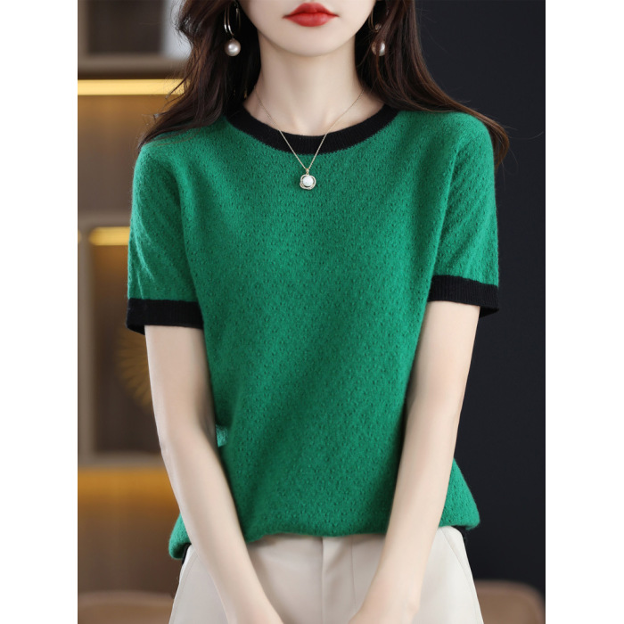 Color Block Round Neck T-Shirt Blouse Hollow Out Short Sleeves 72