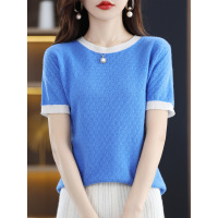 Color Block Round Neck T-Shirt Blouse Hollow Out Short Sleeves 72