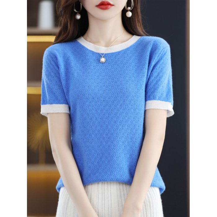 Color Block Round Neck T-Shirt Blouse Hollow Out Short Sleeves 72