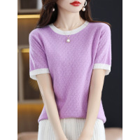 Color Block Round Neck T-Shirt Blouse Hollow Out Short Sleeves 72