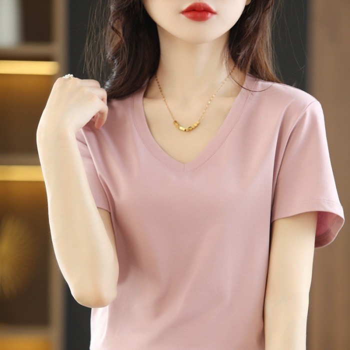 V-neck front shoulder short-sleeved simple wind top 01