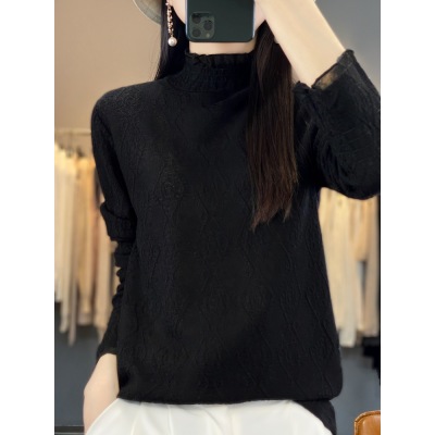 Hollow-out long-sleeved mid-high collar mesh bottoming shirt 74