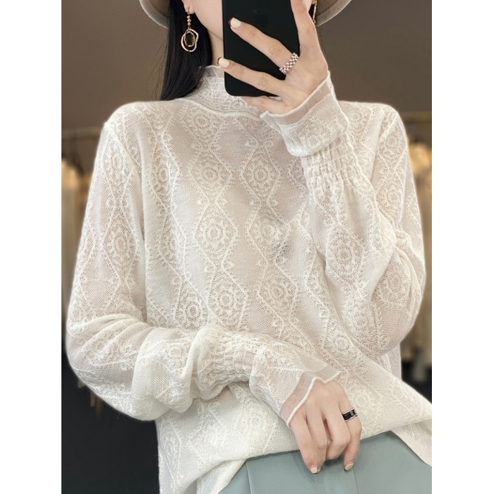 Hollow-out long-sleeved mid-high collar mesh bottoming shirt 74