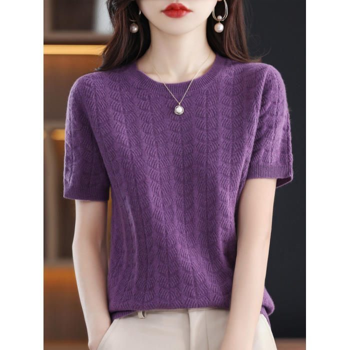 Round neck loose slim cardigan half sleeve t-shirt 51