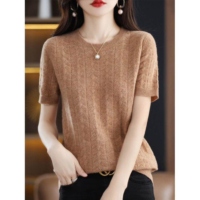 Round neck loose slim cardigan half sleeve t-shirt 51