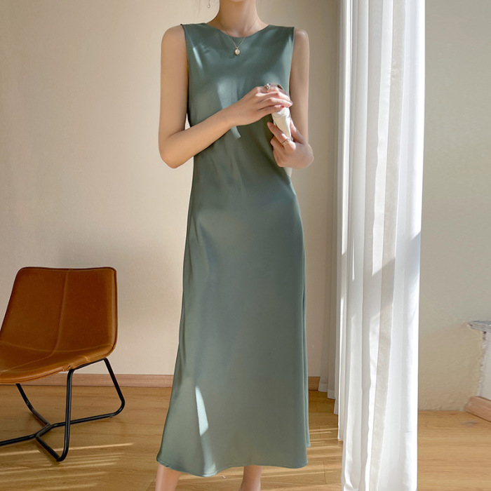 Silk Dress Elegant Slim Solid Color Long Dress 29