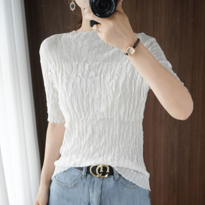 Women's five quarter sleeve cotton half turtleneck pleated slim half sleeves 27