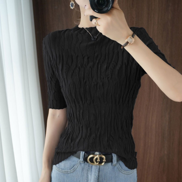 Women's five quarter sleeve cotton half turtleneck pleated slim half sleeves 27